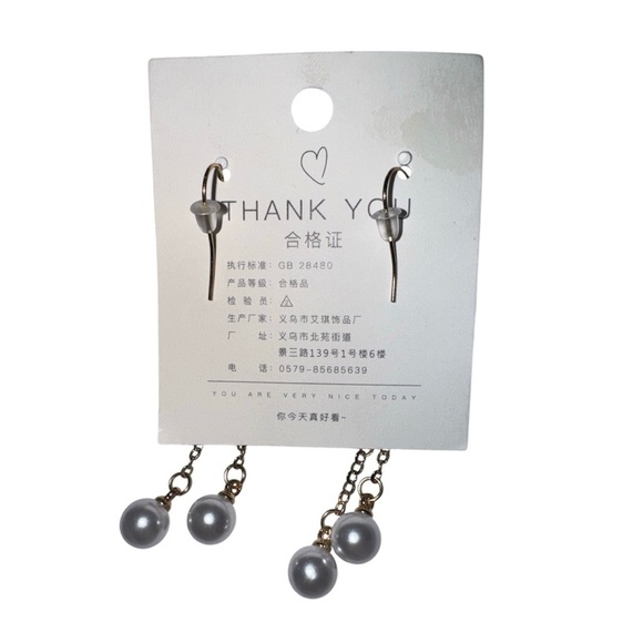 Gold Tone and Pearl Flower Drop Earrings, New - Picture 3 of 4